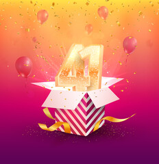 41 th years anniversary vector design element. Isolated forty one years jubilee with gift box, balloons and confetti on a bright background.  - obrazy, fototapety, plakaty