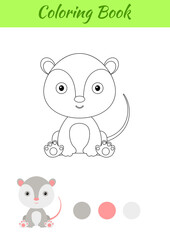 Coloring page little sitting baby opossum. Coloring book for kids. Educational activity for preschool years kids and toddlers with cute animal. Flat cartoon colorful vector stock illustration.