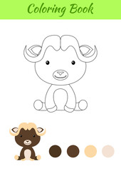 Coloring page little sitting baby musk ox. Coloring book for kids. Educational activity for preschool years kids and toddlers with cute animal. Flat cartoon colorful vector stock illustration.