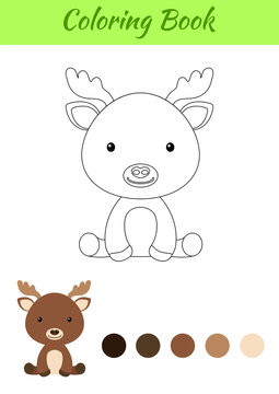 Coloring page little sitting baby moose. Coloring book for kids. Educational activity for preschool years kids and toddlers with cute animal. Flat cartoon colorful vector stock illustration.
