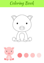 Coloring page little sitting baby pig. Coloring book for kids. Educational activity for preschool years kids and toddlers with cute animal. Flat cartoon colorful vector stock illustration.