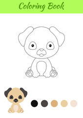 Obraz na płótnie Canvas Coloring page little sitting baby pug dog. Coloring book for kids. Educational activity for preschool years kids and toddlers with cute animal. Flat cartoon colorful vector stock illustration.