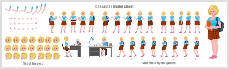 Blond Hair Girl Student Character Design Model Sheet with walk cycle animation. Girl Character design. Front, side, back view and explainer animation poses. Character set with lip sync 