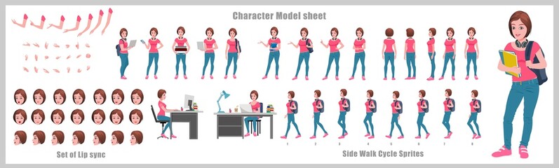 Obraz premium Girl Student Character Design Model Sheet with walk cycle animation. Girl Character design. Front, side, back view and explainer animation poses. Character set with various views and lip sync 