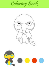 Coloring page little sitting baby toucan. Coloring book for kids. Educational activity for preschool years kids and toddlers with cute animal. Flat cartoon colorful vector stock illustration.