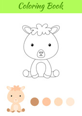 Coloring page little sitting baby alpaca. Coloring book for kids. Educational activity for preschool years kids and toddlers with cute animal. Flat cartoon colorful vector illustration.
