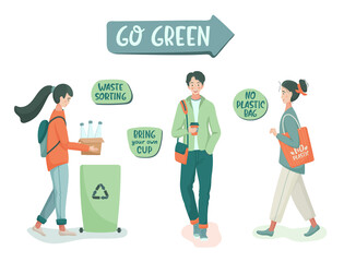 Eco vector illustration. Zero waste lifestyle. Go Green. People sorting waste and use eco bag and reusable cup. Eco-friendly character. Save the planet. No plastic. Zero waste. Flat isolated design
