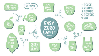 Collection of ecology stickers with lettering slogans. Easy zero waste, save the planet, recycle. Bundle of decorative design elements about Environment protection. Flat vector illustration