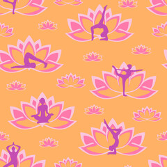 Fototapeta na wymiar Seamless vector pattern with yoga and lotus flowers on light pink background. Healthy lifestyle wallpaper design zen symbol. Women silhouette fashion sport textile.