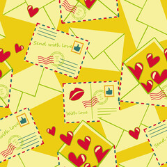 Seamless vector pattern with vintage envelopes and love hearts on yellow background. Romantic valentines day wallpaper design with love letters.