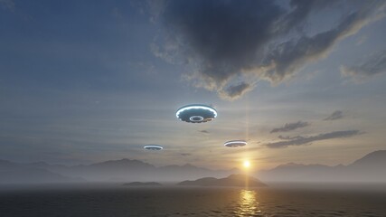 3D render. UFO over the mountains and sea © kolbass