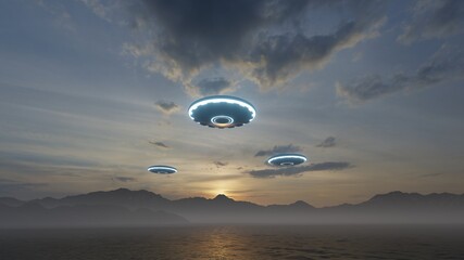 3D render. UFO over the mountains and sea © kolbass