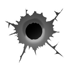 Bullet hole on white background. Realisic metal bullet hole, damage effect. Vector illustration.