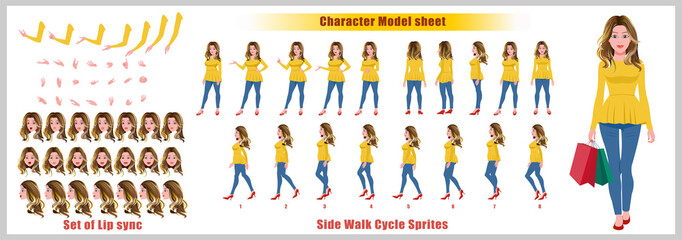 Blond Hair Shopping Girl Character Design Model Sheet with walk cycle animation. Girl Character design. Front, side, back view and explainer animation poses. Character set with lip sync 