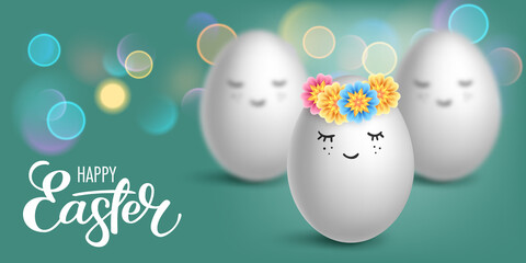 Realistic eggs with funny faces on bokeh background. Easter greeting card or invitation template