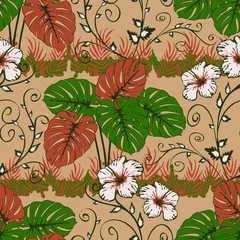 Fotobehang Seamless vector pattern with tropical plants on beige pink background. Romantic rain forest wallpaper design with white flowers. © Randmaart