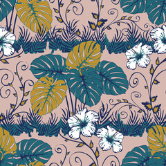 Seamless vector pattern with tropical plants on light pink background. Floral wallpaper design with white flowers. Botanical landscape fashion textile.