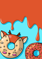 Glazed cute doughnut animal. Donuts card with glaze and bite, eaten chocolate icing fritters or caramel circle doughnuts