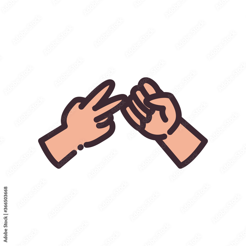 Poster scissor and rock gesture with hands line and fill style icon vector design