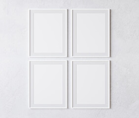 four vertical white frame on white wall, poster mock up, 3d illutation