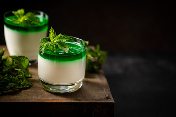 Dessert Panna Cotta with green mint sauce and fresh mint on dark background