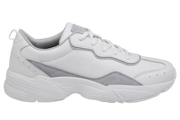 white leather sneakers with thick soles, for everyday walking, on a white background