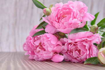 A bouquet of blossoming pink peonies, buds with green foliage on a wooden background