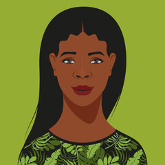 Stylish African american woman with long hair on green background. 
