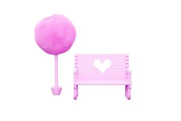 concept of pink love park bench and pink tree beside. Valentine's day garden bench with heart. 3d render.