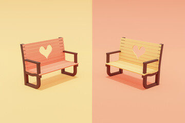 red and orange bench with a heart on red and orange background. Two benches of love. Symbol of love on a park bench. 3d render.