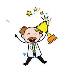 Cartoon Scientist holding Trophy