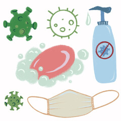 antiseptic soap, medical mask, corona set