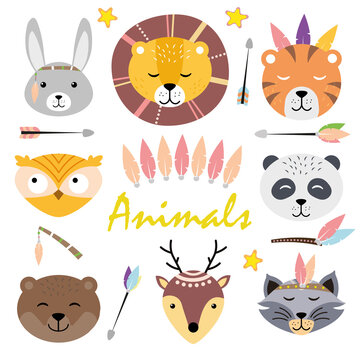 Cute animal faces. Hand drawn characters. Hare, lion, tiger, panda, owl, bear, raccoon, deer