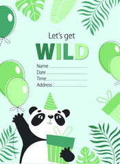Vector green birthday card with panda and balloon. birthday invitation, poster.  birthday greeting card

