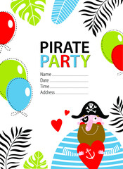 Vector bright card with a pirate. Birthday Invitation. Poster, postcard, invitation. Baby Shauer. pirate Party
