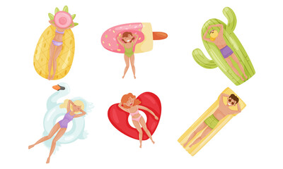 People Characters Floating on Inflatable Rafts or Rubber Swim Tubes of Different Shapes in Swimming Pool Vector Illustrations Set