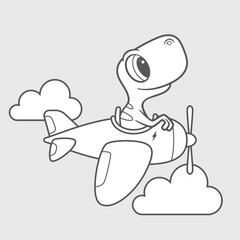 Vector little sweet dinosaur flying an airplane among the clouds
