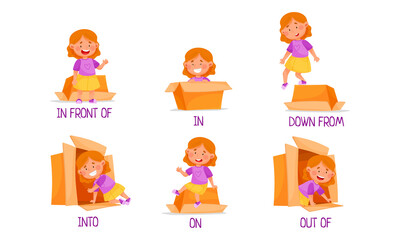 Little Girl and Carton Box as Prepositions of Place Demonstration Vector Set