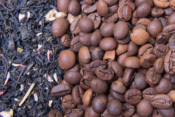 tea versus coffee. Drinks ingridient background. Close up