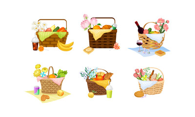 Wicker Picnic Baskets and Hampers Full with Foodstuff Vector Set