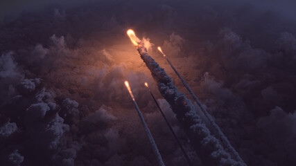 Meteors flying over the clouds