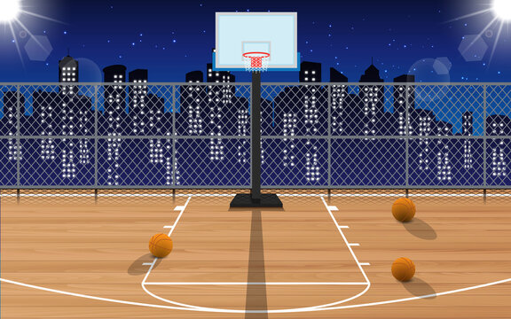 Outdoor Wooden Basketball Court On The High Building In City In The Night