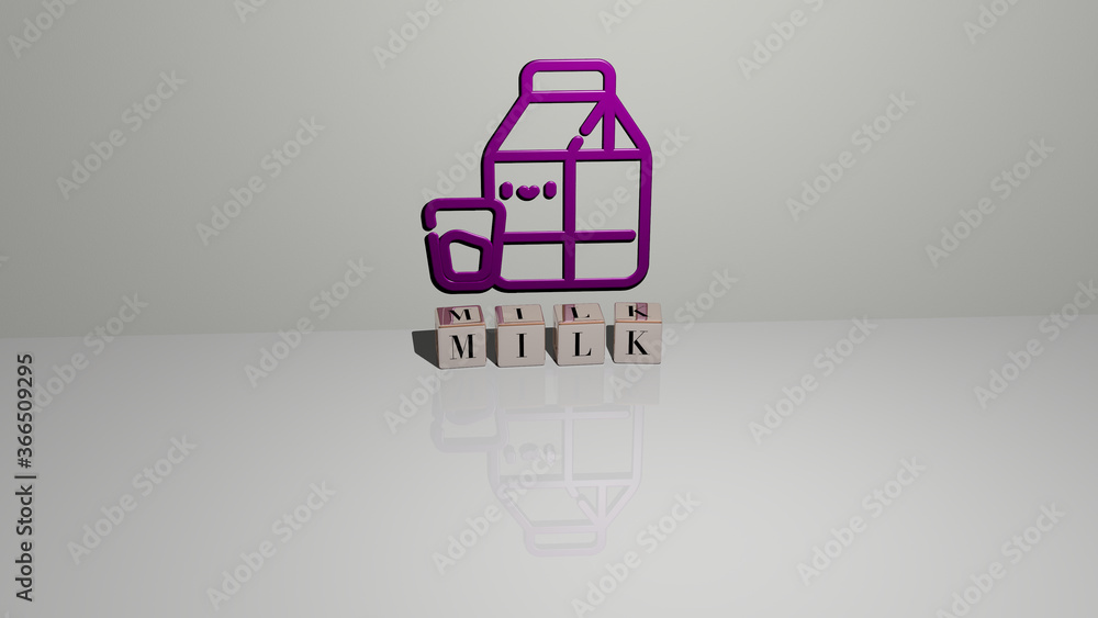 Poster 3d graphical image of milk vertically along with text built by metallic cubic letters from the top p