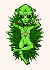 Alien with Jamb Chilling on the Cannabis Field. Alien Smoking Weed Poster. Vector Illustration.