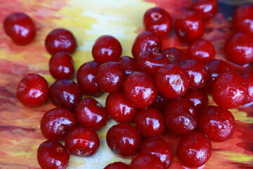 fresh ripe cherries on painted canvas