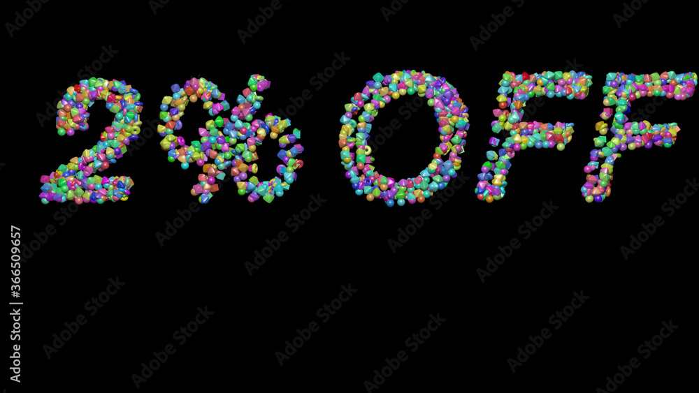 Poster % off written in 3d illustration by colorful small objects casting shadow on a black background