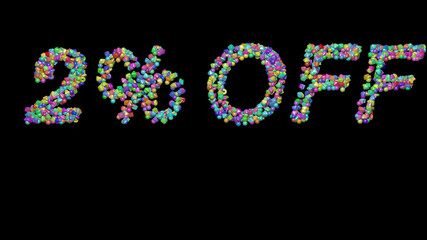 % off written in 3D illustration by colorful small objects casting shadow on a black background