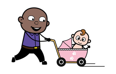 Cartoon Bald Black Man with baby stroller