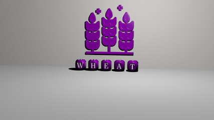 3D illustration of wheat graphics and text made by metallic dice letters for the related meanings of the concept and presentations. field and agriculture