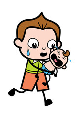 Cartoon Schoolboy holding crying baby